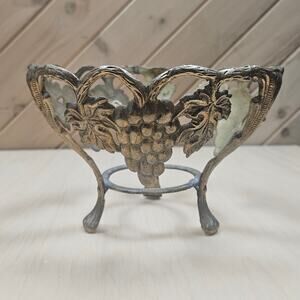 Vintage Brass Plant Bowl Pot Holder Grape Cluster India Collectible Home Decor